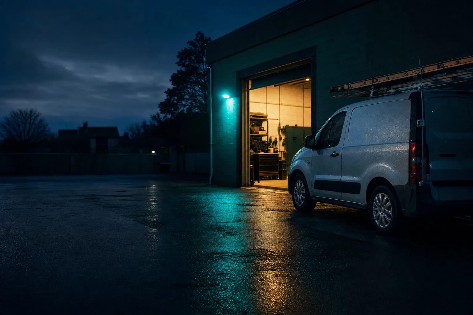 A service van outside a lit workshop after dark