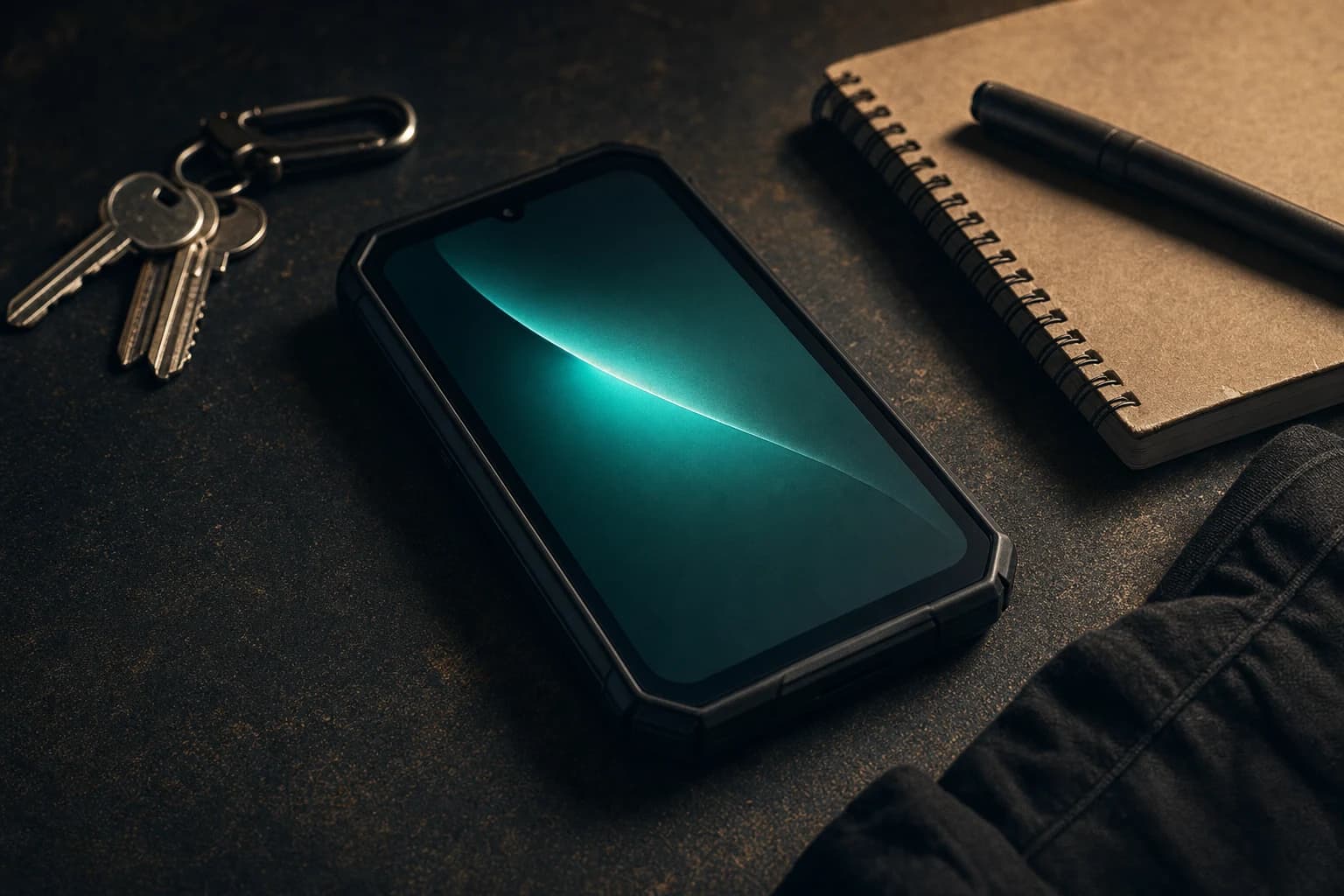 A rugged smartphone on a workbench beside keys and a notebook